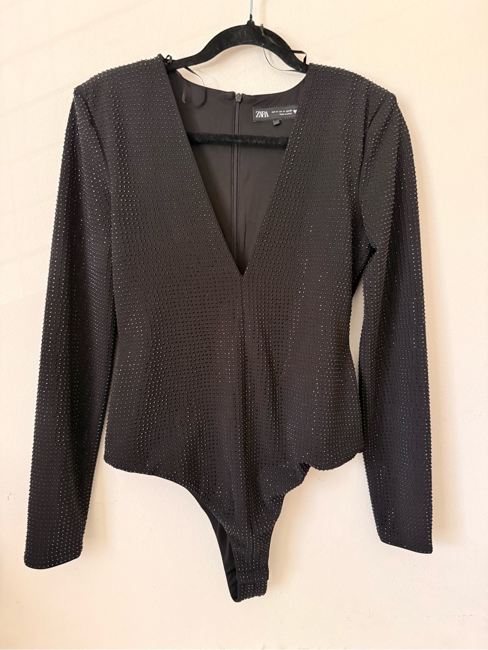 Zara Black V-Neck Long Sleeve Embellished Bodysuit